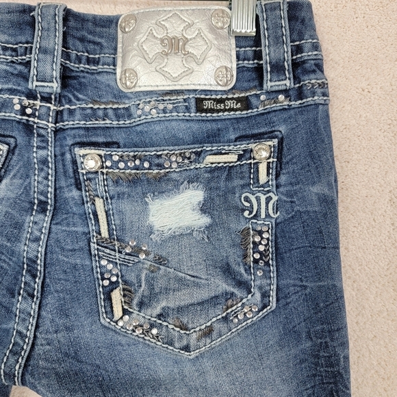 Miss Me Signature Skinny Bling Distressed Pockets Low Rise Denim Blue Jean Sz 27 - Picture 9 of 15